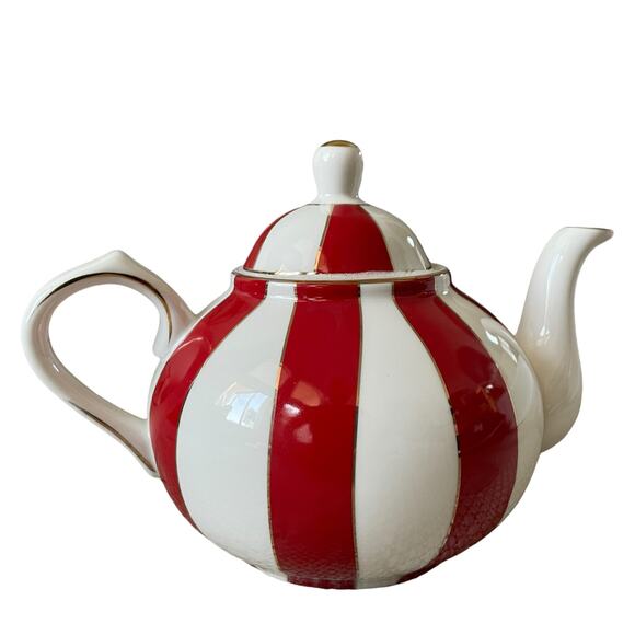 Grace Teaware Fine Porcelain Teapot Holiday Red White Gold Peppermint Stripe New - Picture 1 of 16